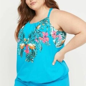 Swim by Cacique Womens Plus Size 22 Tankini Top Teal Blue Tropical Floral Beach
